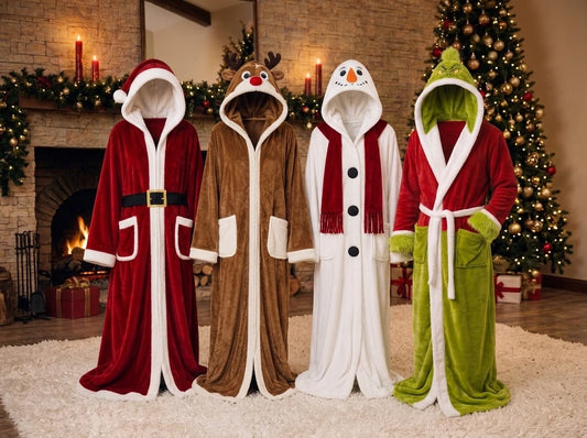 Batas navideñas con capucha: Papá Noel, Reno, Muñeco de nieve y Grinch